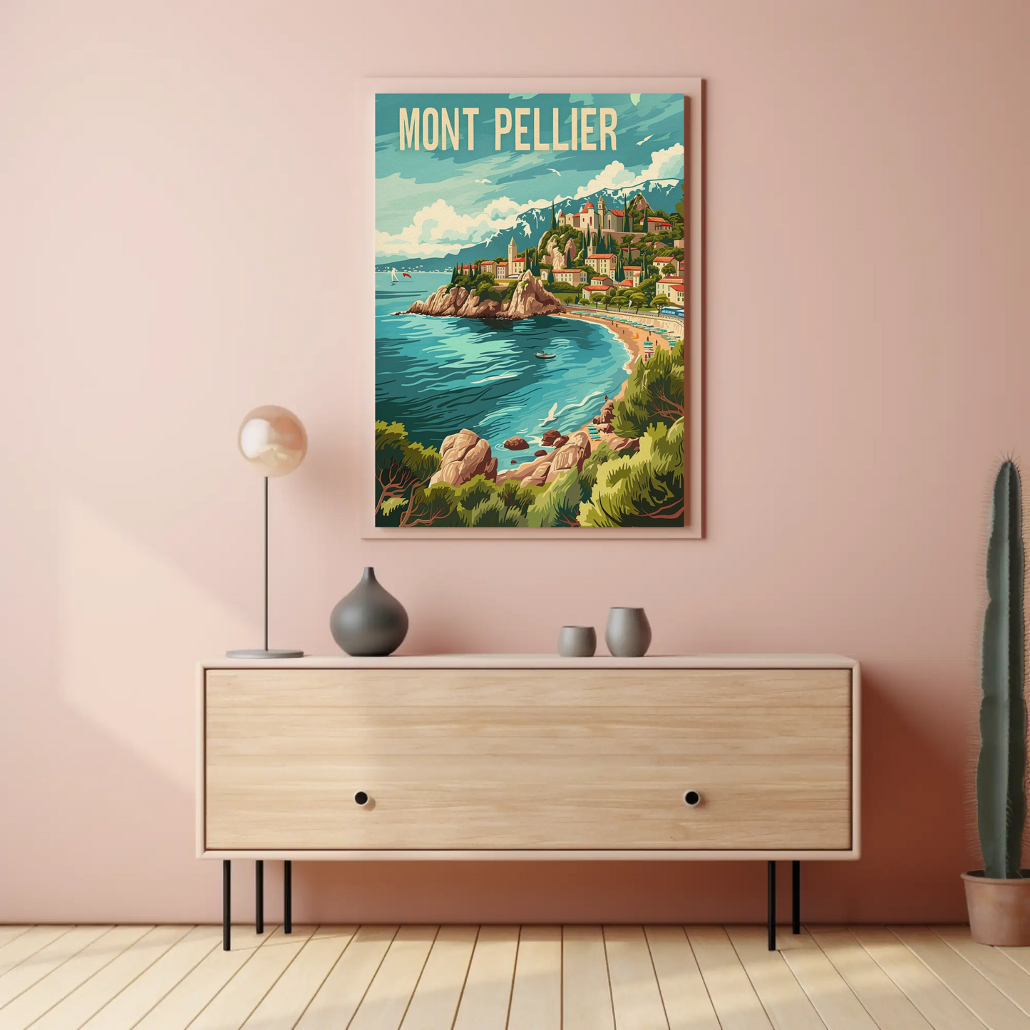 Montpellier France Coast Hillside Village Travel Poster