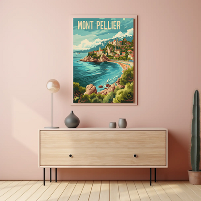 Montpellier France Coast Hillside Village Travel Poster