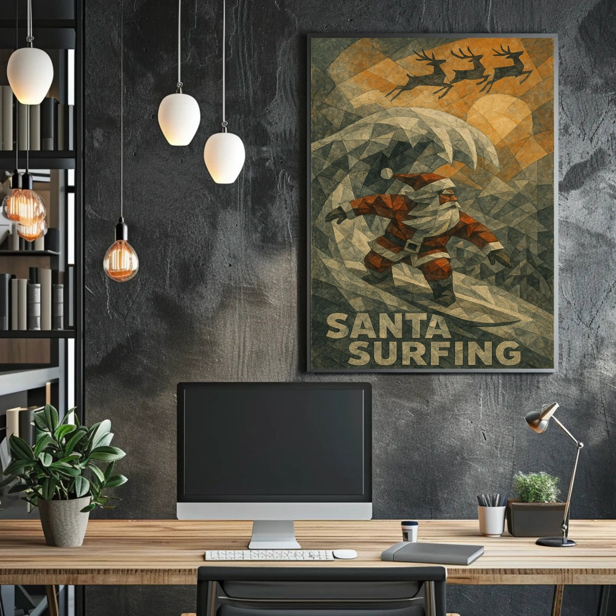Santa Surfing Holiday Poster with Reindeer Silhouettes