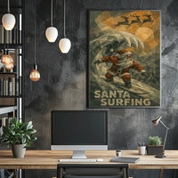 Santa Surfing Holiday Poster with Reindeer Silhouettes