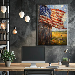Flag Draped Rustic Wooden Barn Landscape With Fence Poster
