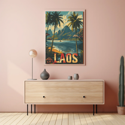 Laos Palm Trees River Mountain Jungle View Travel Poster