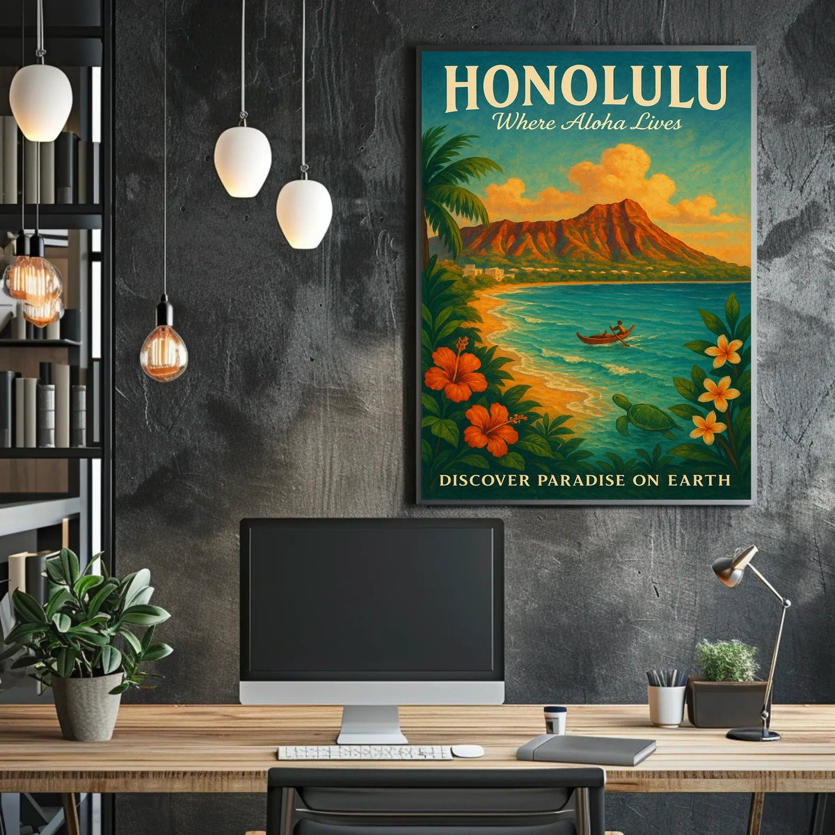 Honolulu Vintage Paradise Travel Poster Illustration