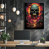 Eerie Skull Over Fiery Alien Landscape Poster