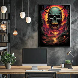 Eerie Skull Over Fiery Alien Landscape Poster