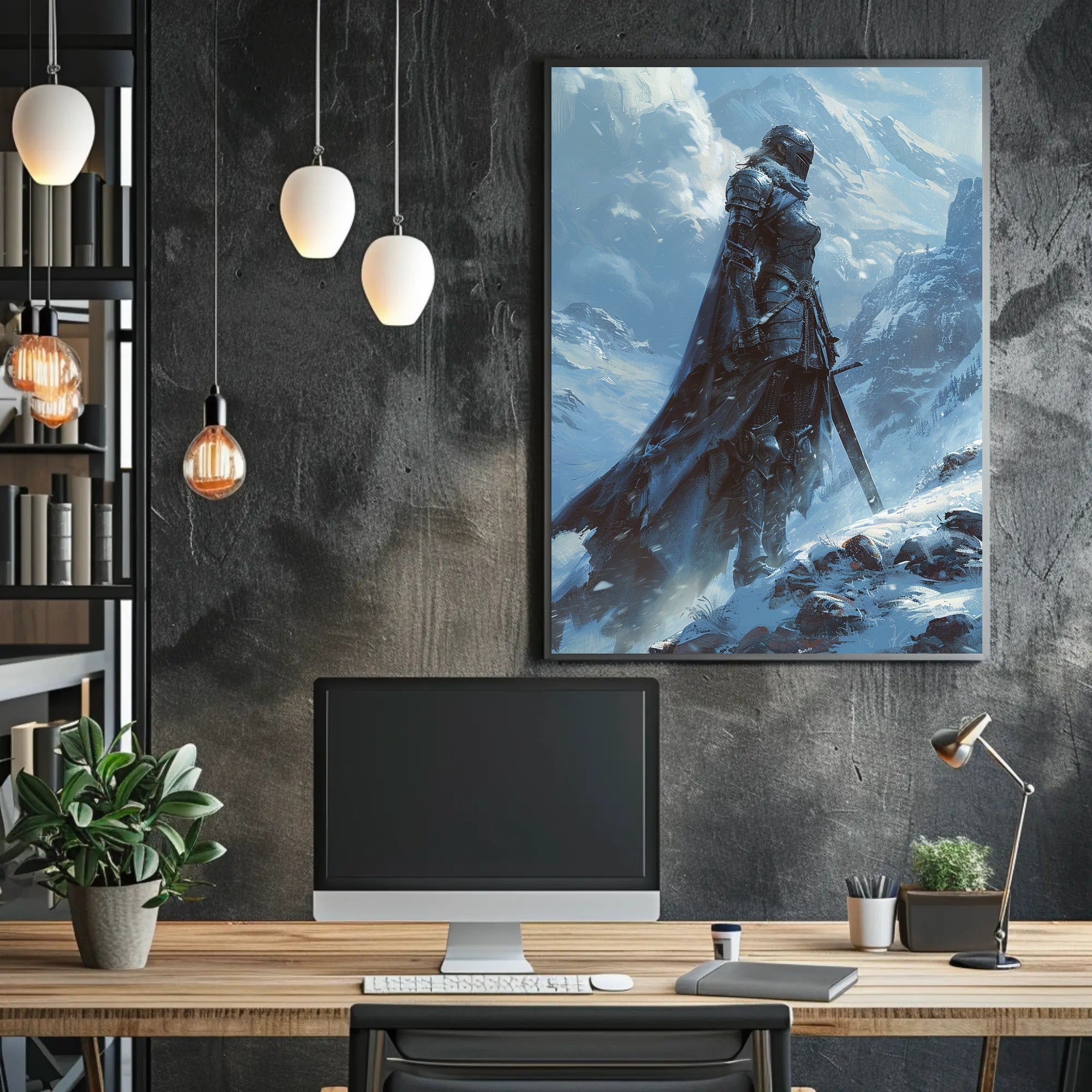 Warrior in Snowy Mountains: Epic Fantasy or Mythology Poster PosterGoat