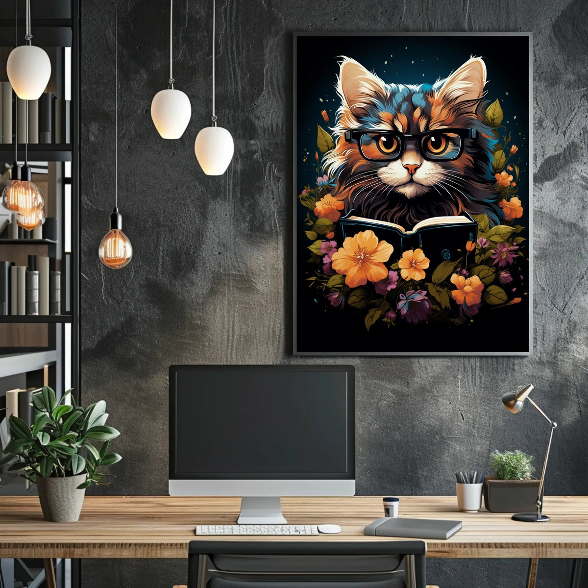 Whimsical Cat Glasses Poster with Vibrant Flowers