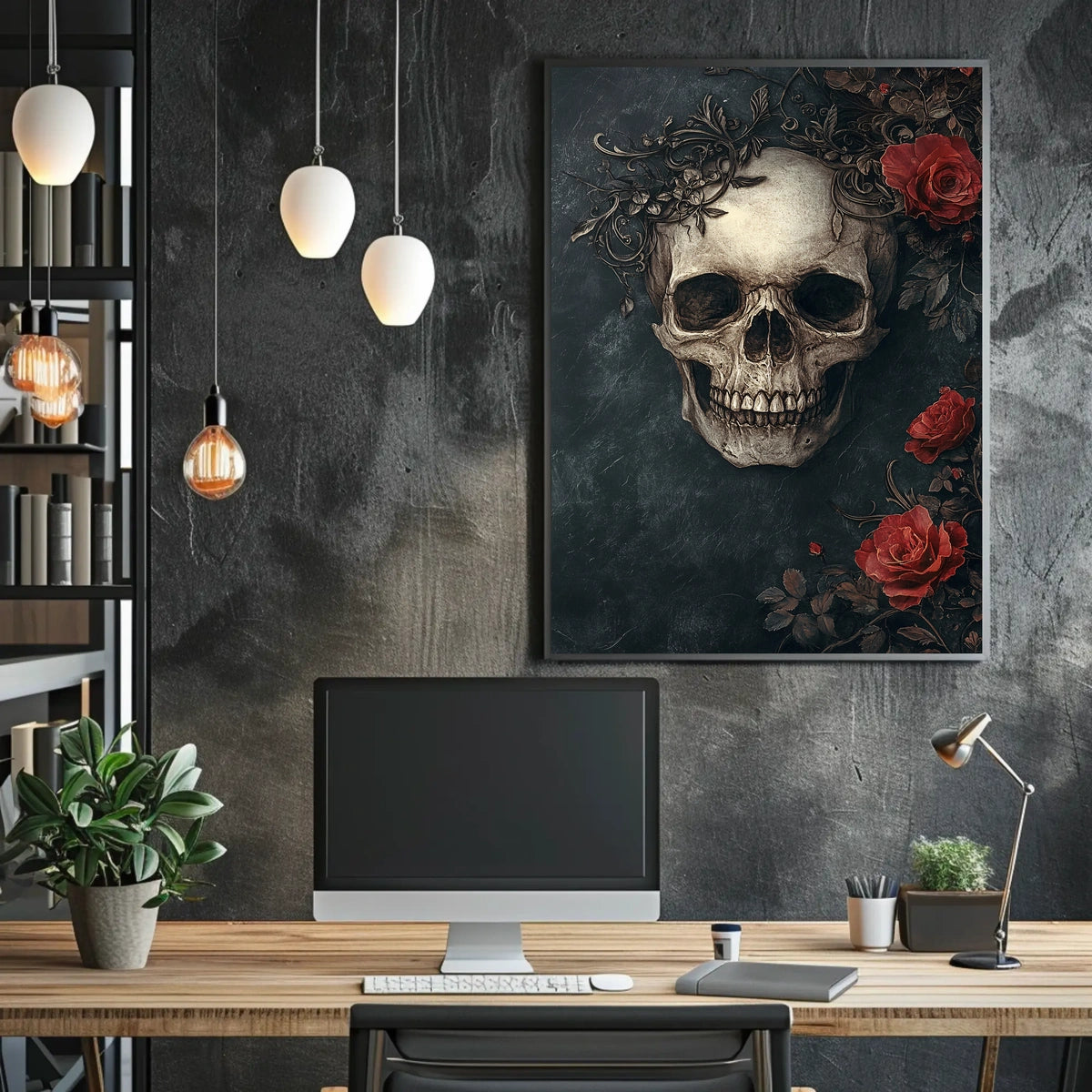 Skull and Roses Gothic Art Print Abstract Poster