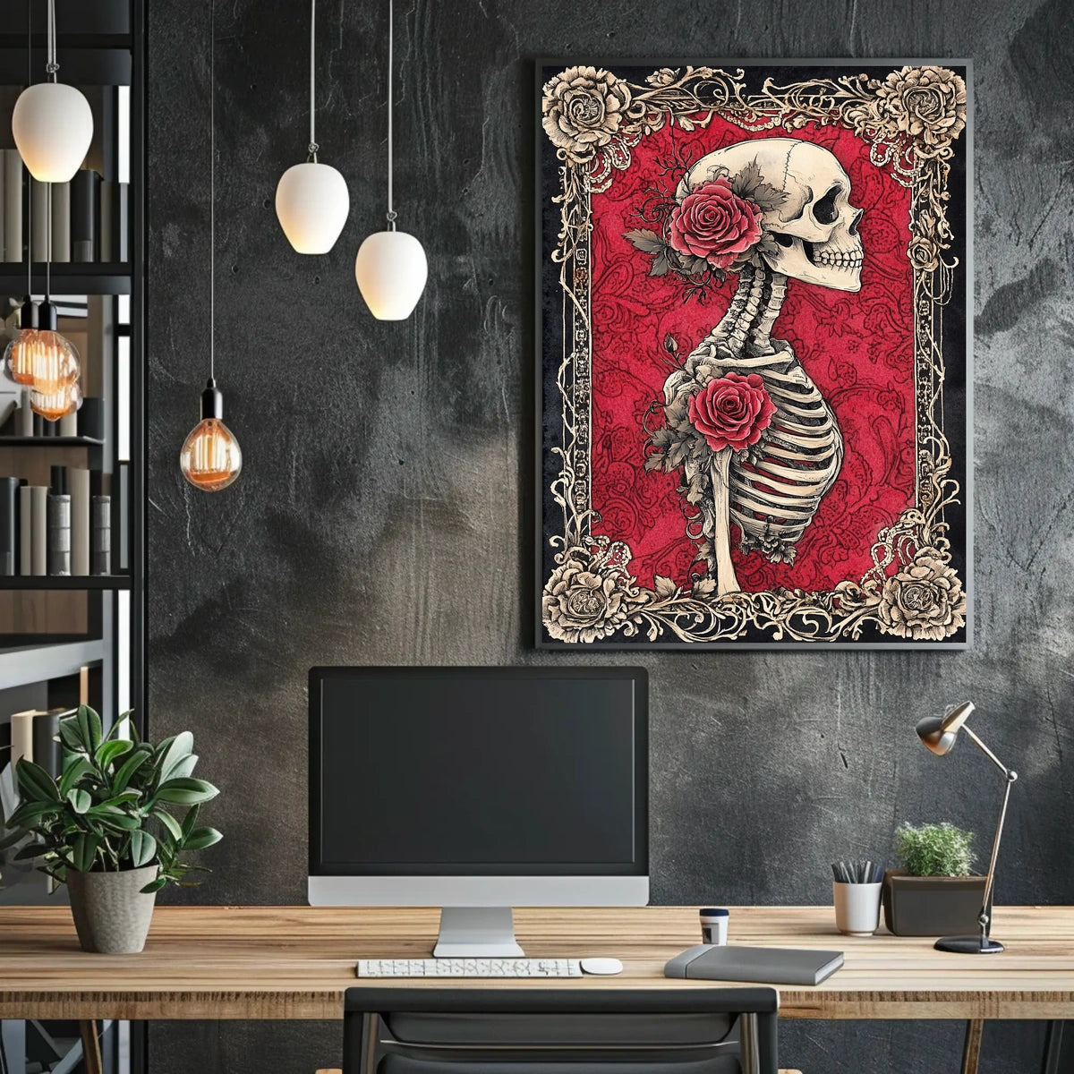 Skeleton with Red Roses - Abstract, Artistic, or Pop Culture Poster