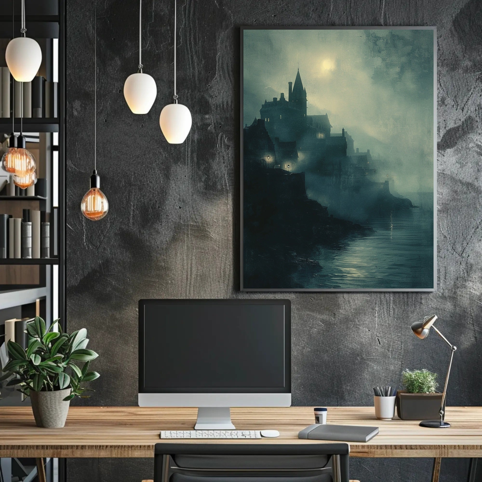 Gothic Castle Overlooking Moonlit Cliff: Fantasy or Mythology Poster PosterGoat