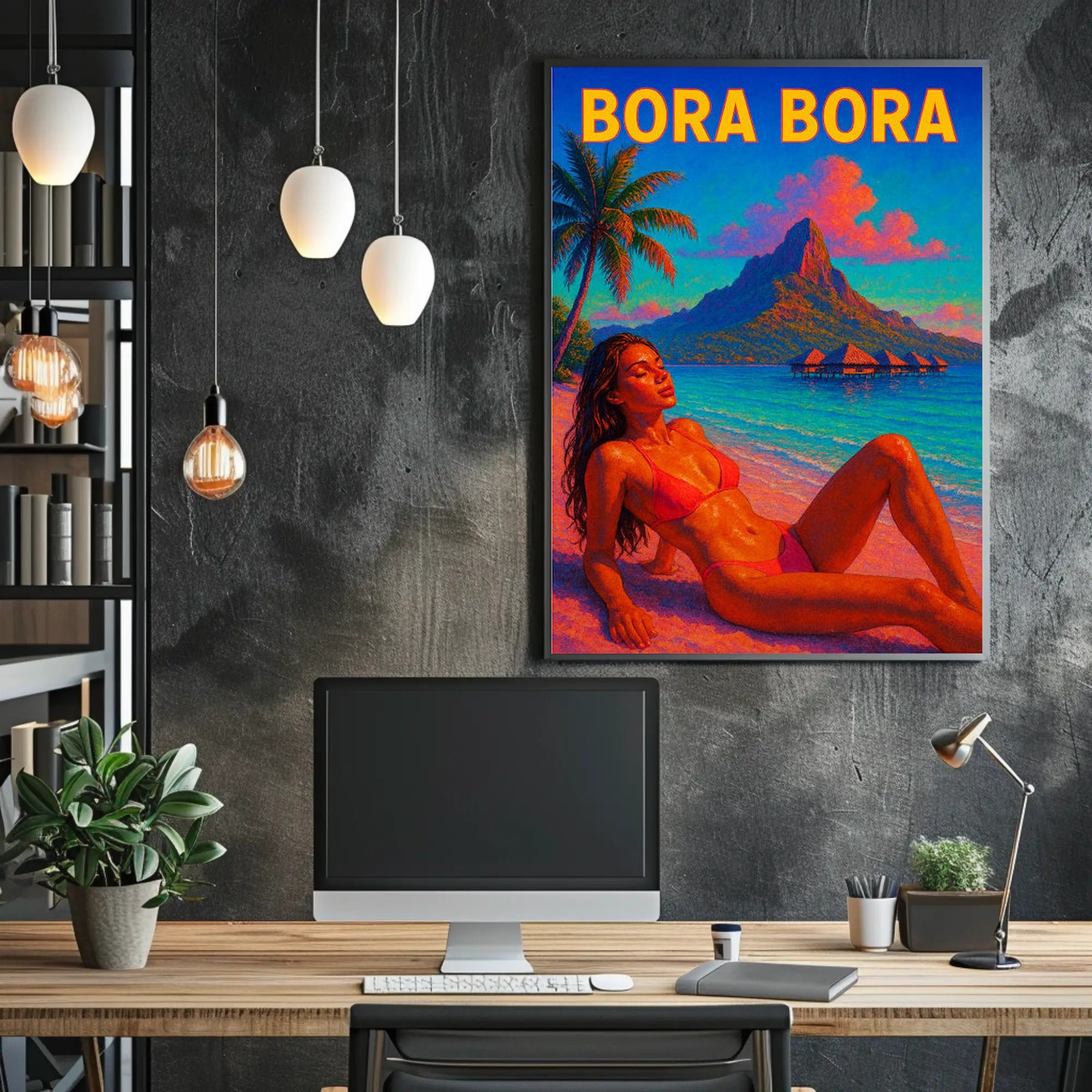 Vibrant Bora Bora Beach Scene in Travel Poster PosterGoat