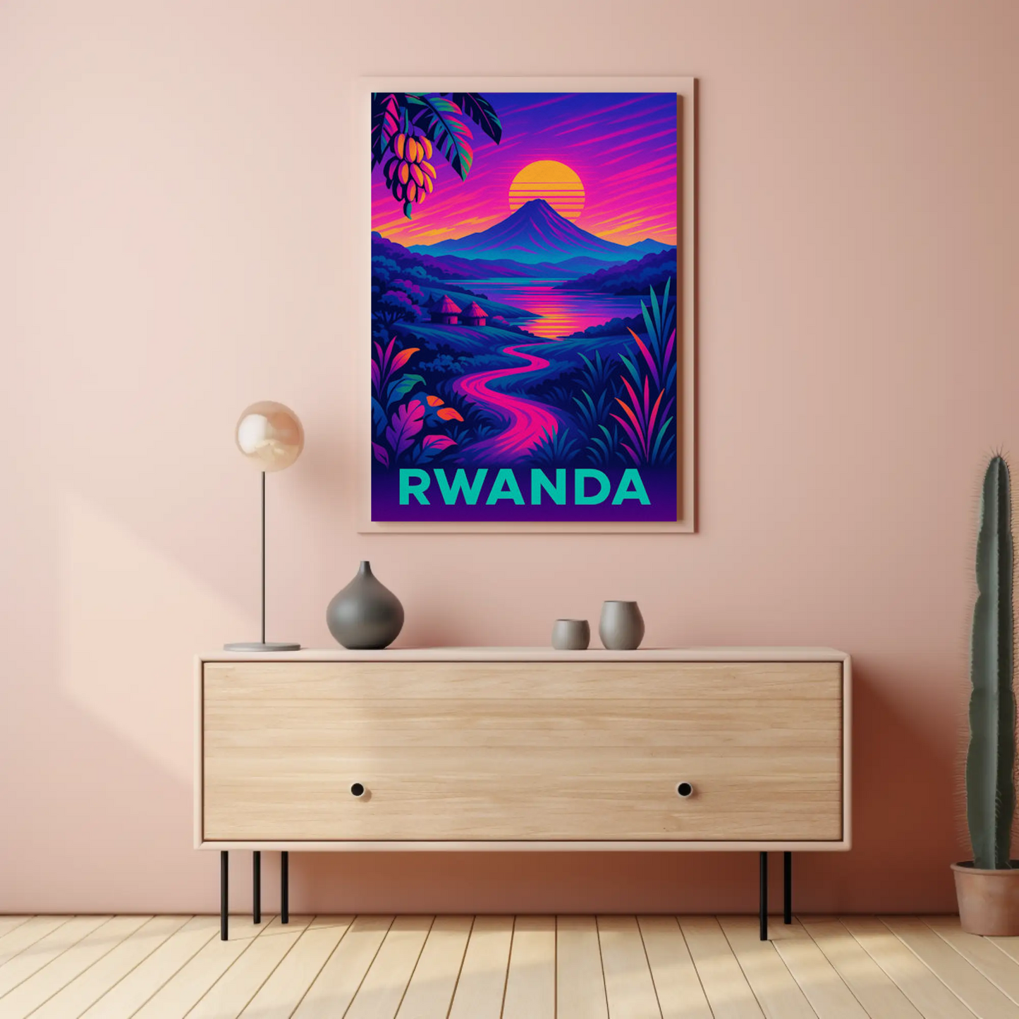 Rwanda Neon Night Valley Sunset Travel Poster