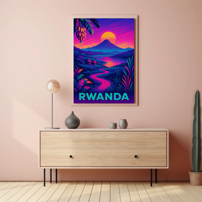 Rwanda Neon Night Valley Sunset Travel Poster