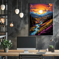 Sunset Over Mountain Stream Poster
