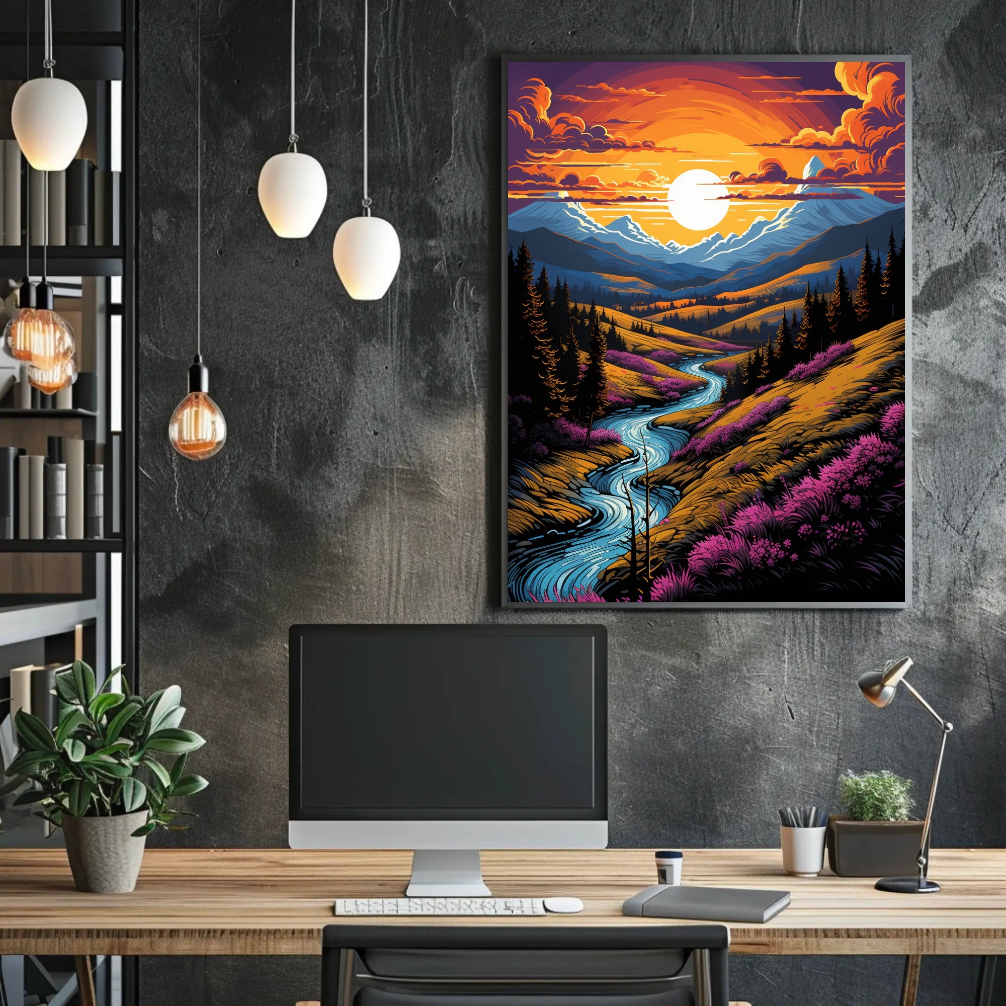 Sunset Over Mountain Stream Poster