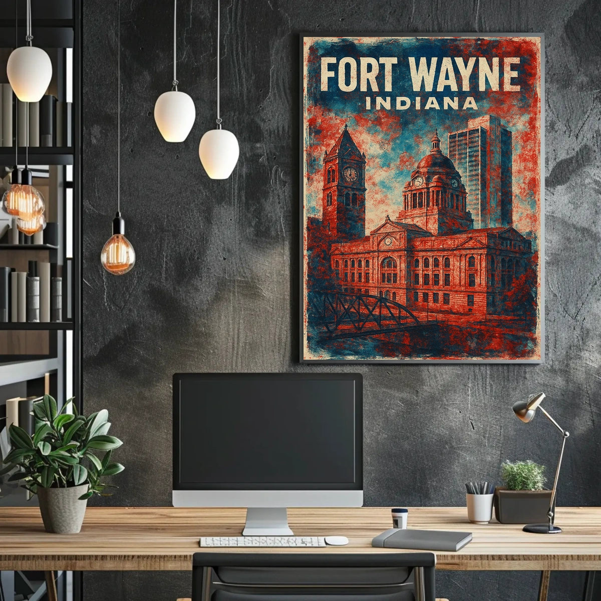 Fort Wayne Retro Cityscape Travel Poster