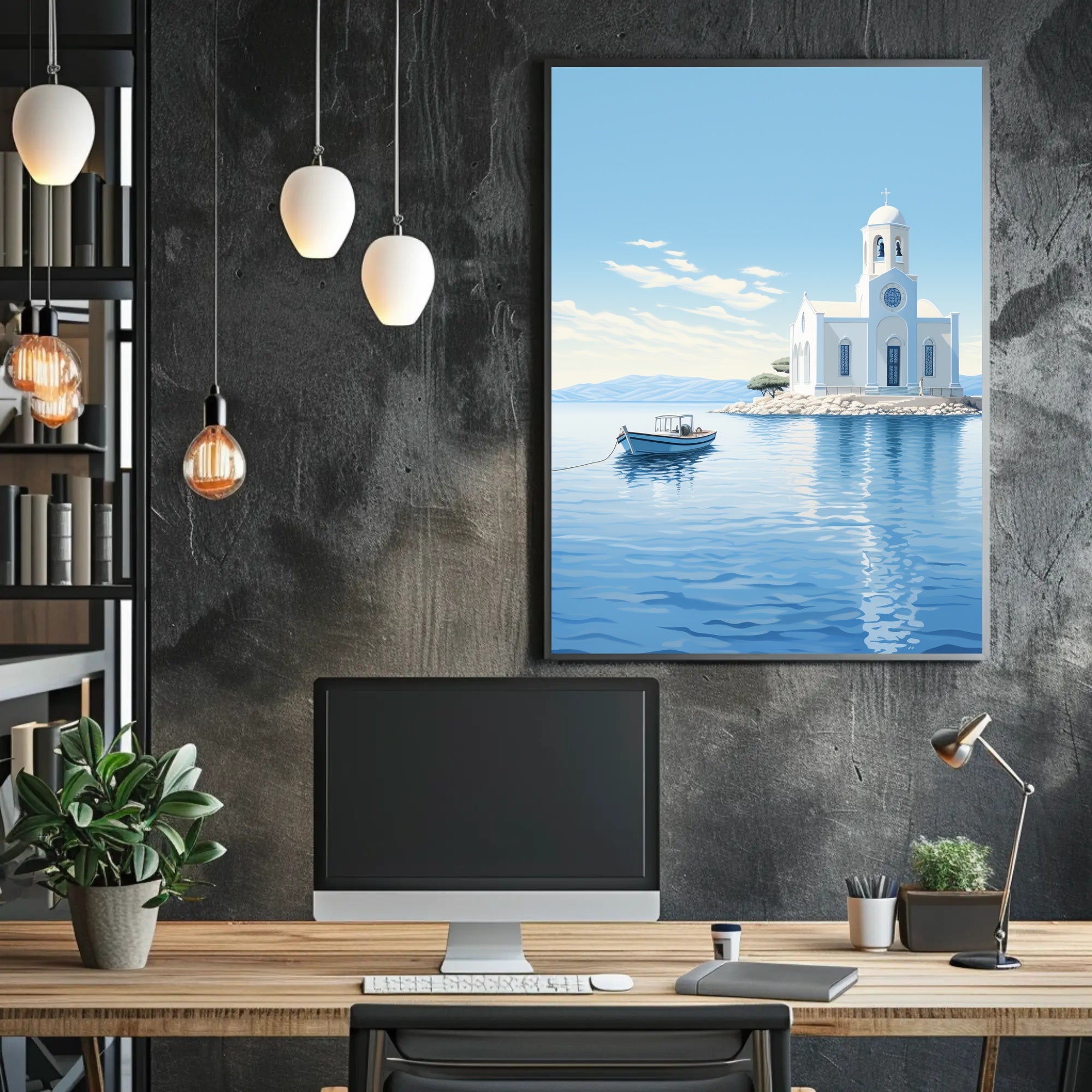 Serene Greek Coastal Scene Minimalist Travel Poster