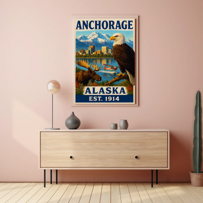 Anchorage Alaska Wildlife Skyline Nature Vintage Travel Poster