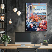 Inviting Urban View: Cozy Interior Cityscape Poster