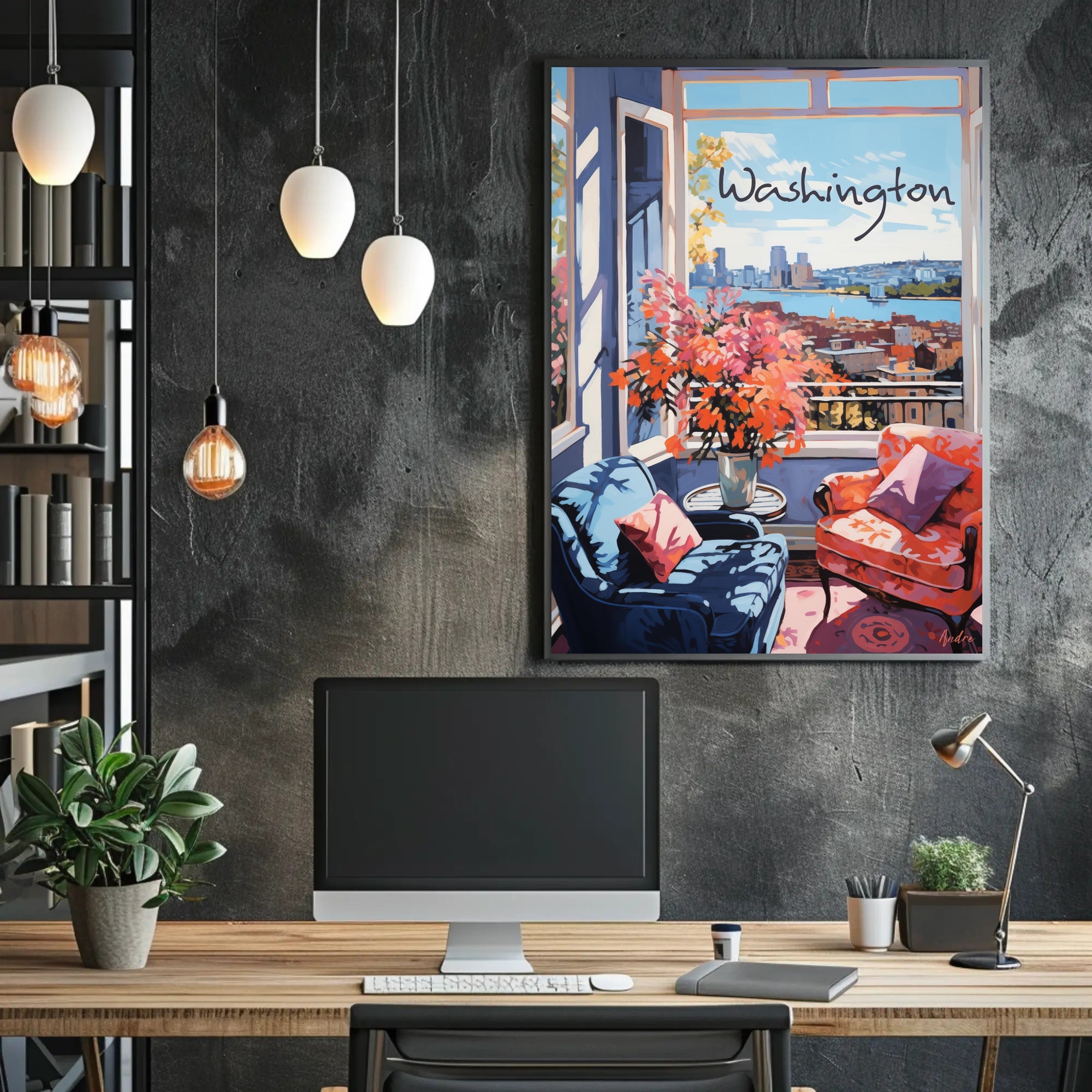 Inviting Urban View: Cozy Interior Cityscape Poster