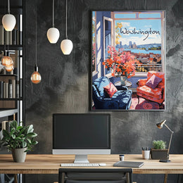 Inviting Urban View: Cozy Interior Cityscape Poster