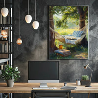 Relaxing Outdoor Hammock Between Trees With Books Poster