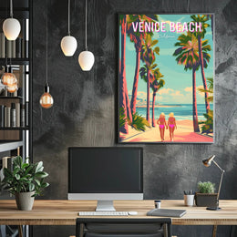 Venice Beach Vintage Travel Art with Palm Trees Scene Travel Poster