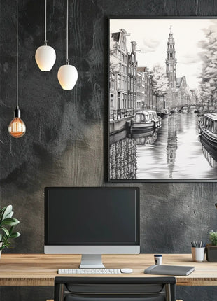 Amsterdam Canal Scene Vintage Illustration Travel Poster