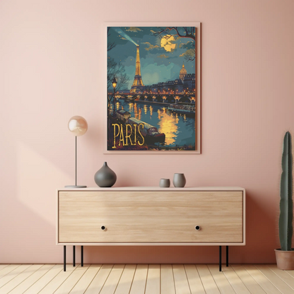 Paris Eiffel Tower Night Lights River Travel Poster