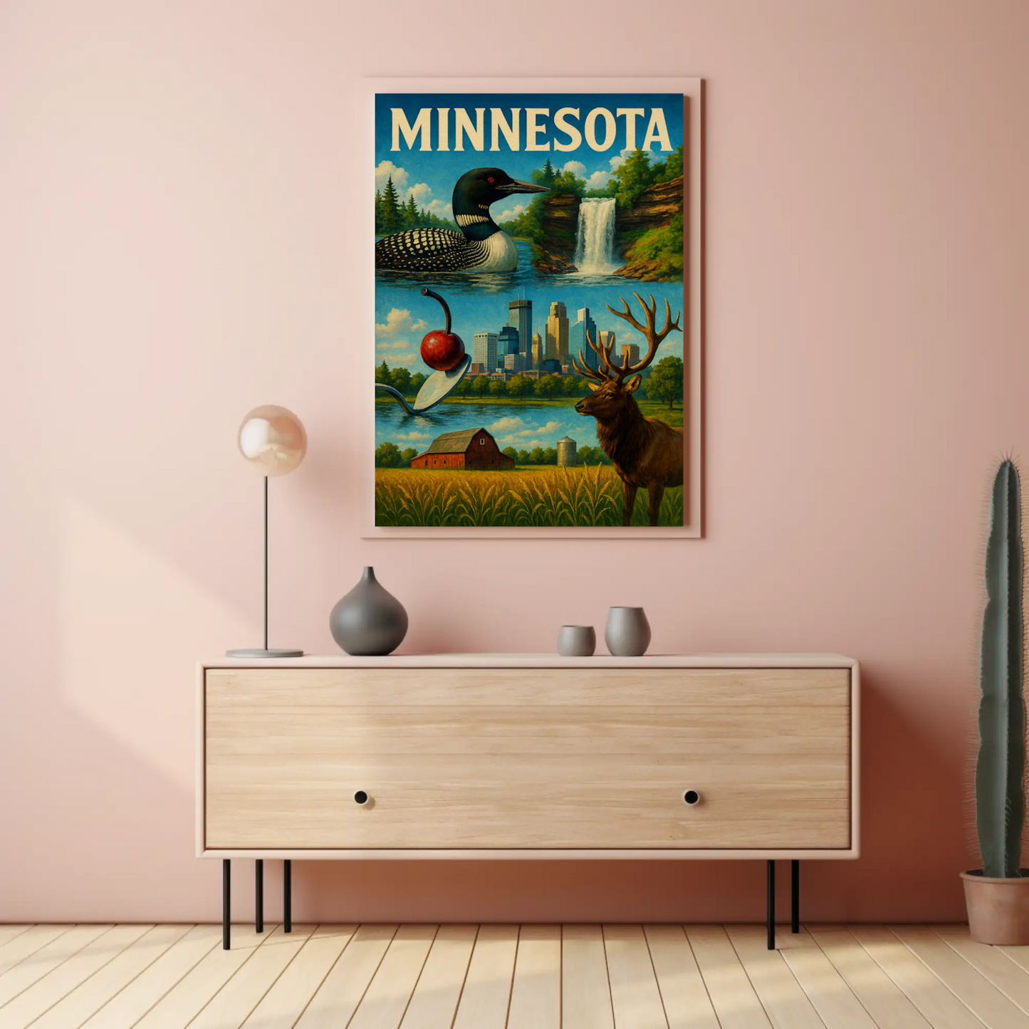 Minnesota Wildlife Farm Waterfall City Symbols Poster