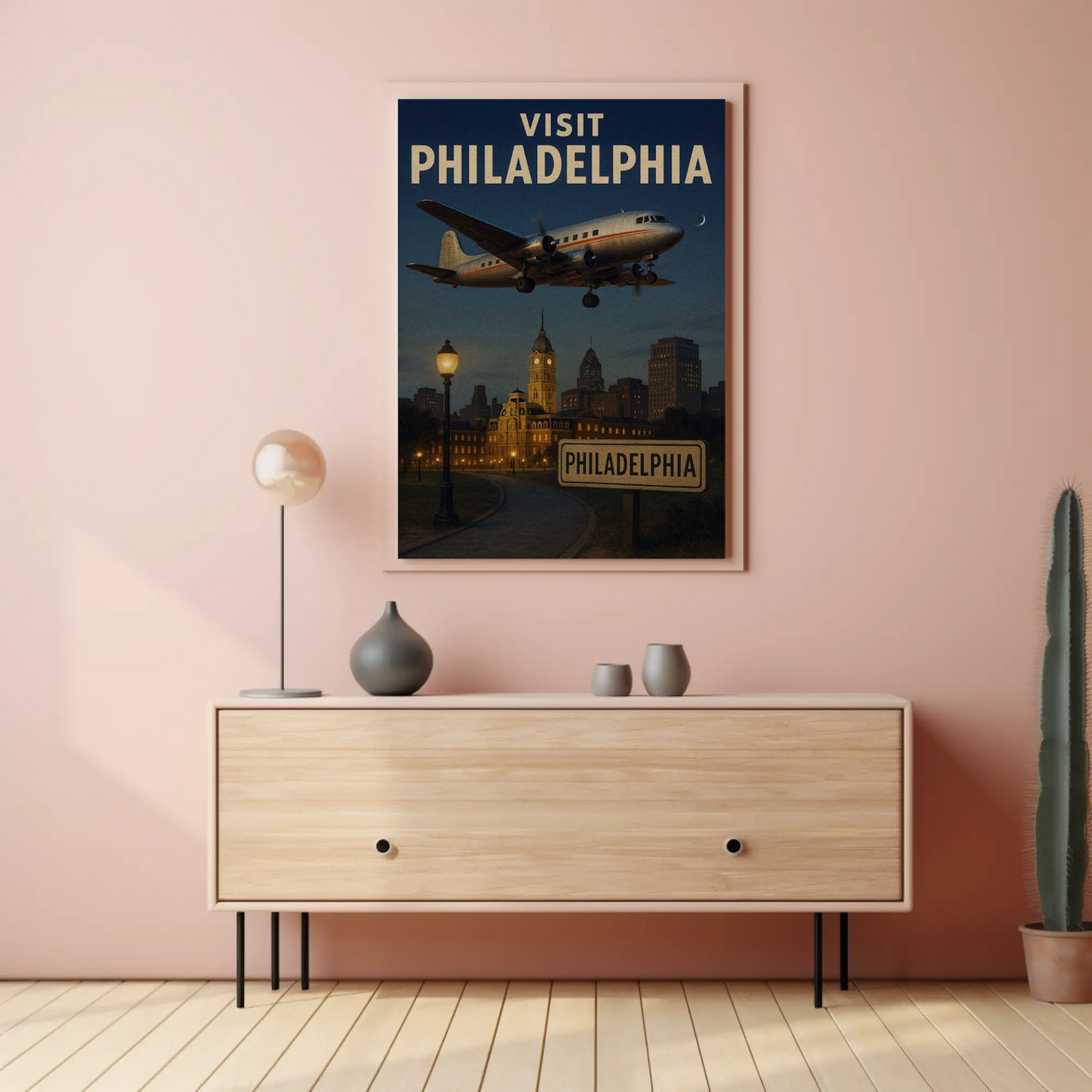 Visit Philadelphia Skyline Night Flight Travel Poster