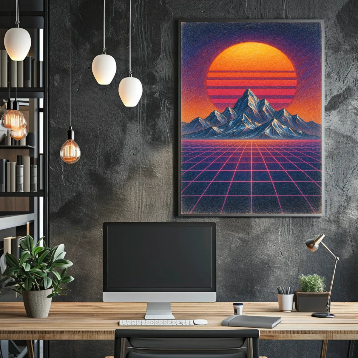 Retro Synthwave Mountain Landscape: Futuristic Sci-Fi Poster