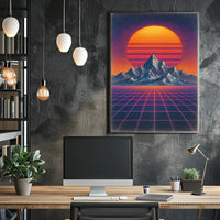 Retro Synthwave Mountain Landscape: Futuristic Sci-Fi Poster