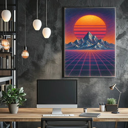 Retro Synthwave Mountain Landscape: Futuristic Sci-Fi Poster