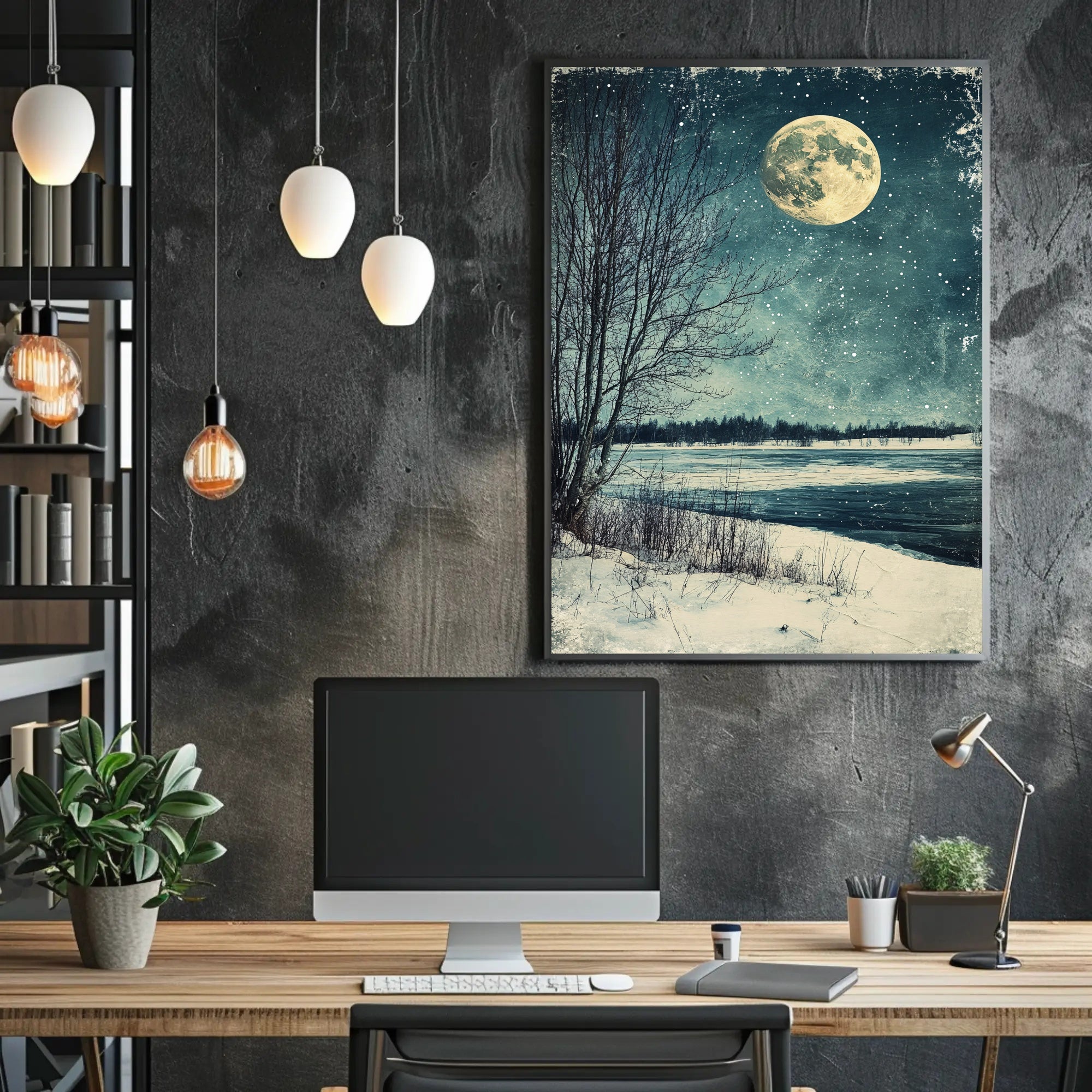 Serene Winter Moonlight Landscape Vintage Art Poster