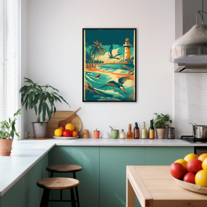 Tropical Coast Lighthouse Ocean Birds Vintage Travel Poster