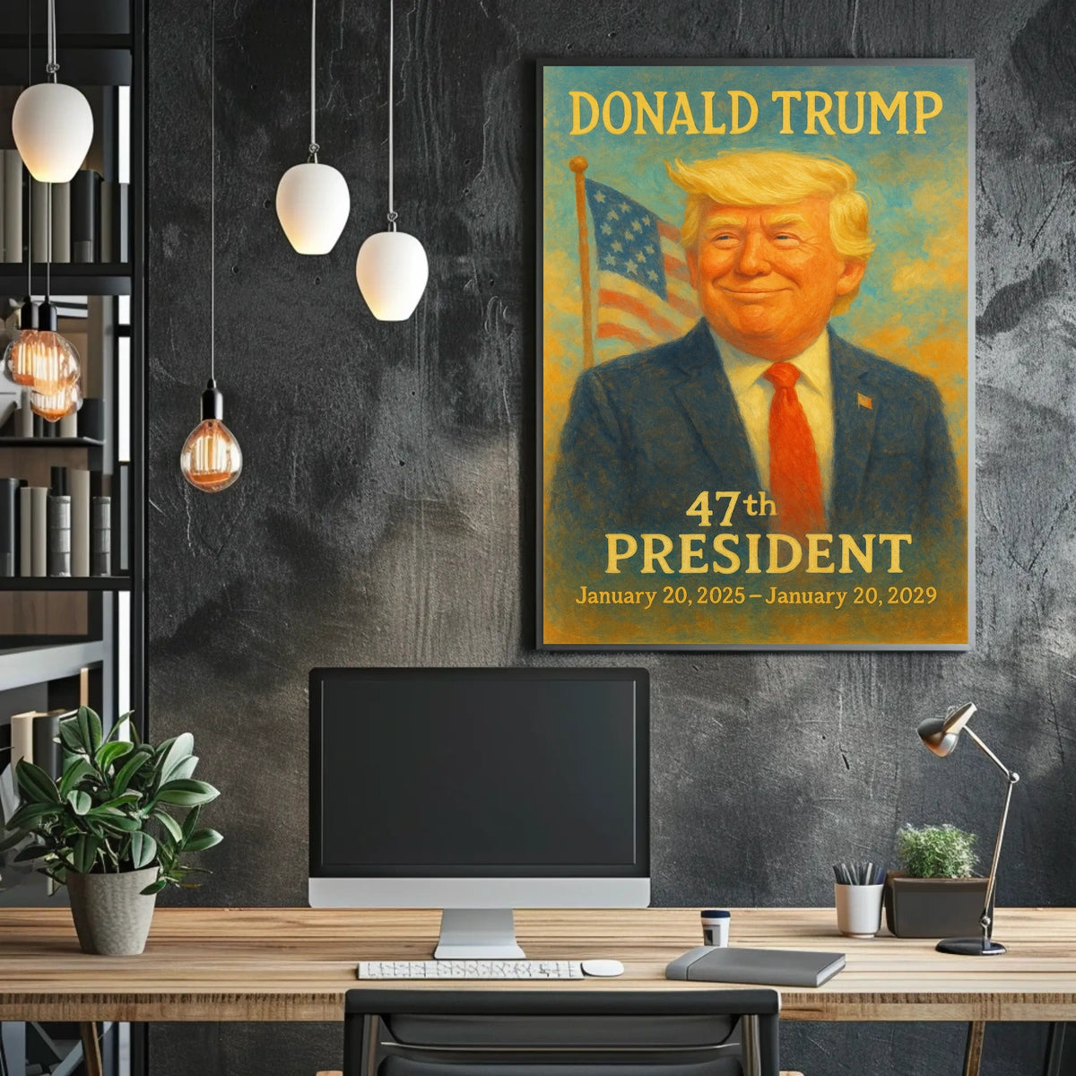 Donald Trump Dynamic Patriot Leadership Portrait Pop Art Realism Vibrant Flag Backdrop Collector Poster