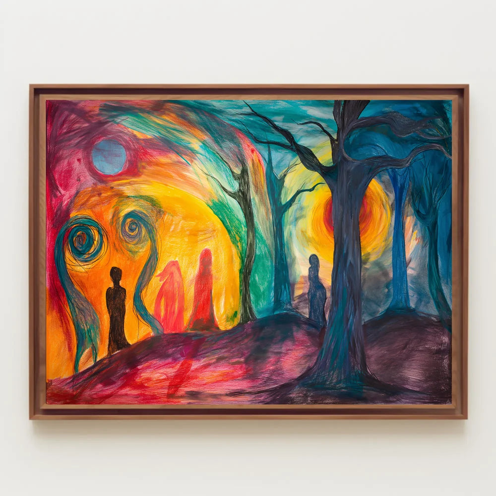 The poster is an abstract, surrealistic artwork with a vibrant and emotive theme. Travel Poster