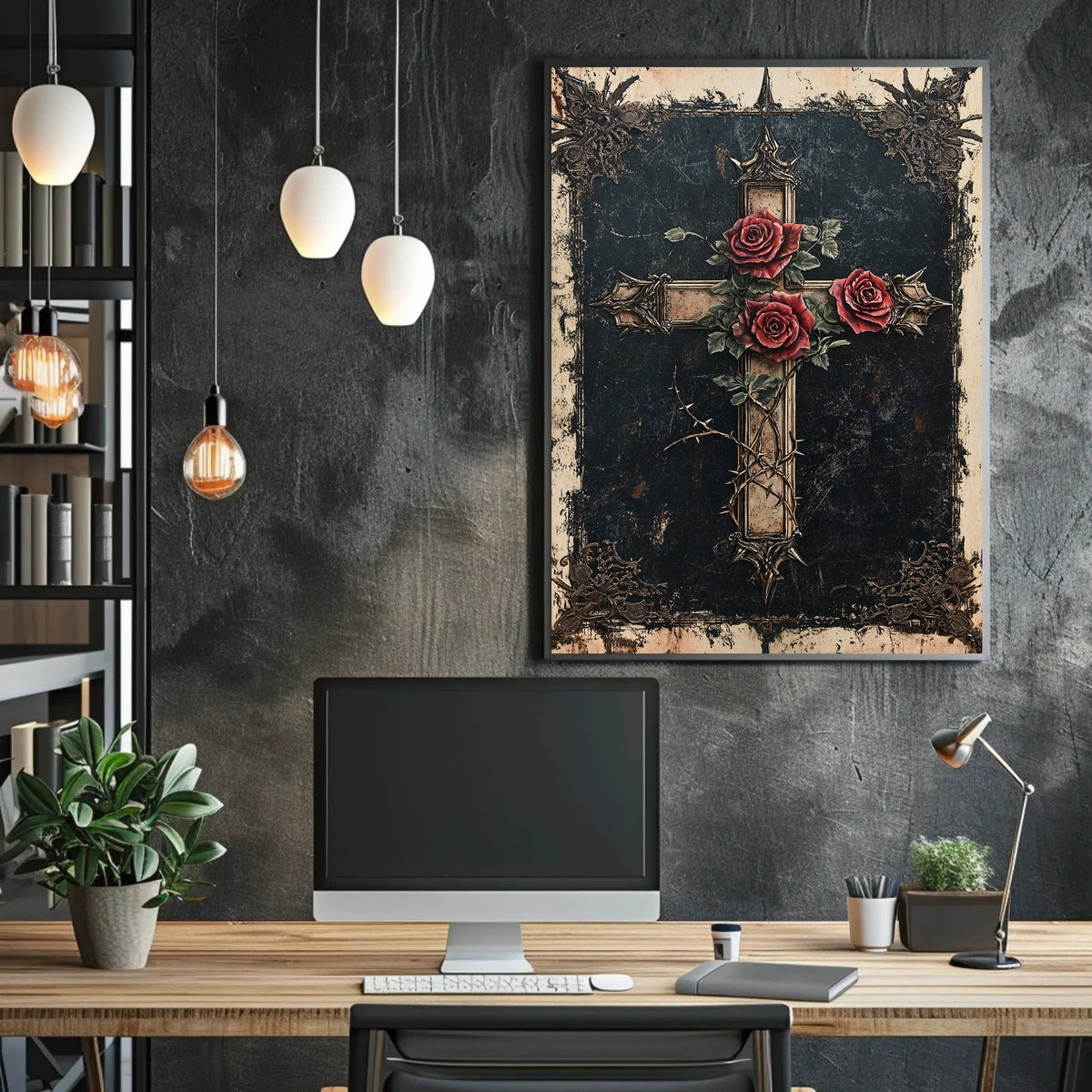 Gothic Cross with Red Roses Decoration Poster