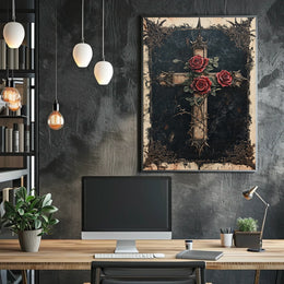 Gothic Cross with Red Roses Decoration Poster