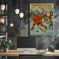 Whimsical Holiday Reindeer Playing Hockey Sports Poster