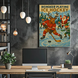 Whimsical Holiday Reindeer Playing Hockey Sports Poster