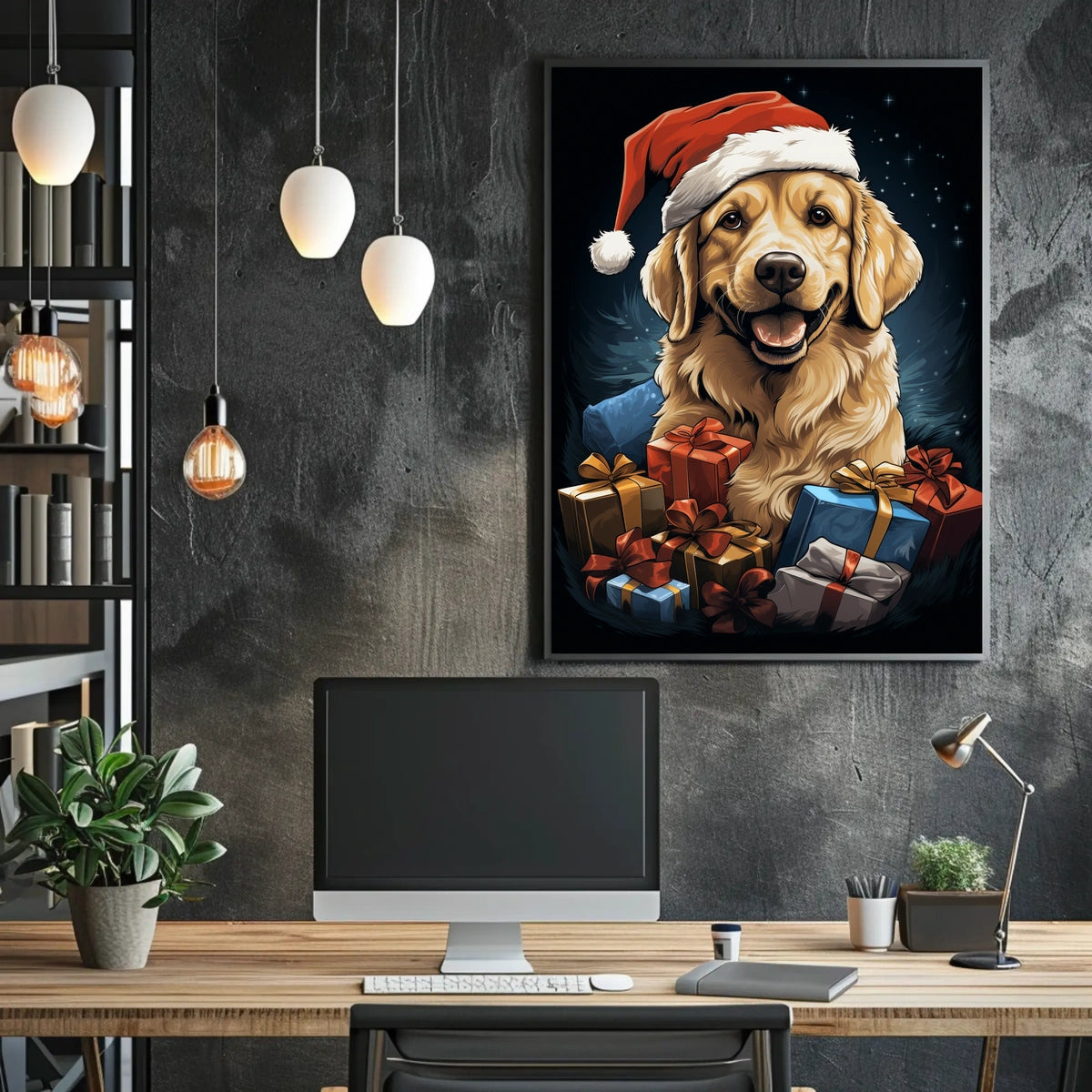 Golden Retriever Christmas Poster with Santa Hat