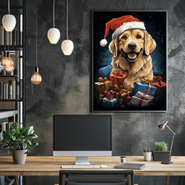Golden Retriever Christmas Poster with Santa Hat