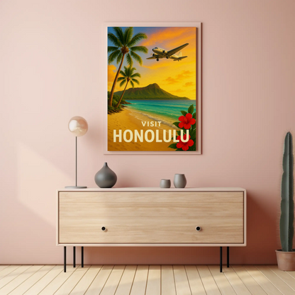 Visit Honolulu Hawaii Vintage Plane Palm Beach Travel Poster