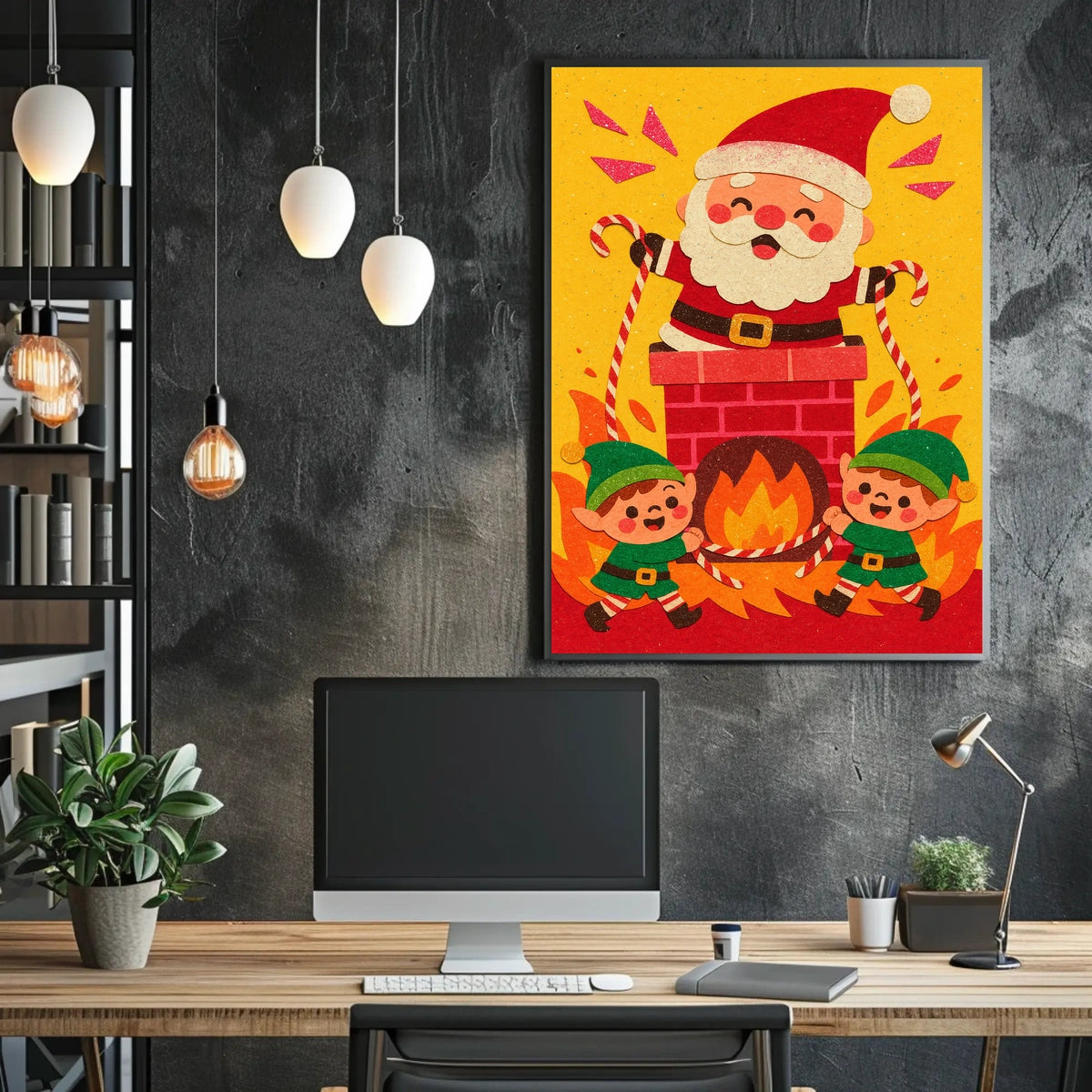 This whimsical poster depicts a festive Christmas scene with Santa Claus and two Travel Poster