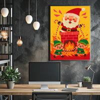 This whimsical poster depicts a festive Christmas scene with Santa Claus and two Travel Poster
