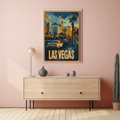Las Vegas Neon Strip Vintage Cars Skyline Travel Poster