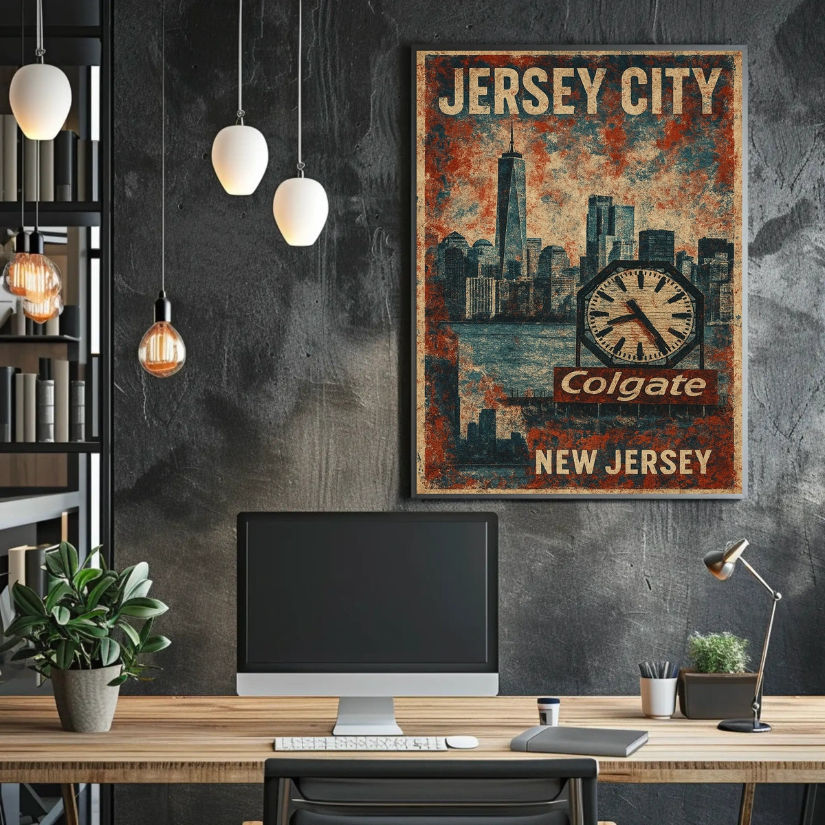 Jersey City Colgate Clock Urban Cityscape Art Deco Retro Eighties Heritage Nostalgic Decor Poster