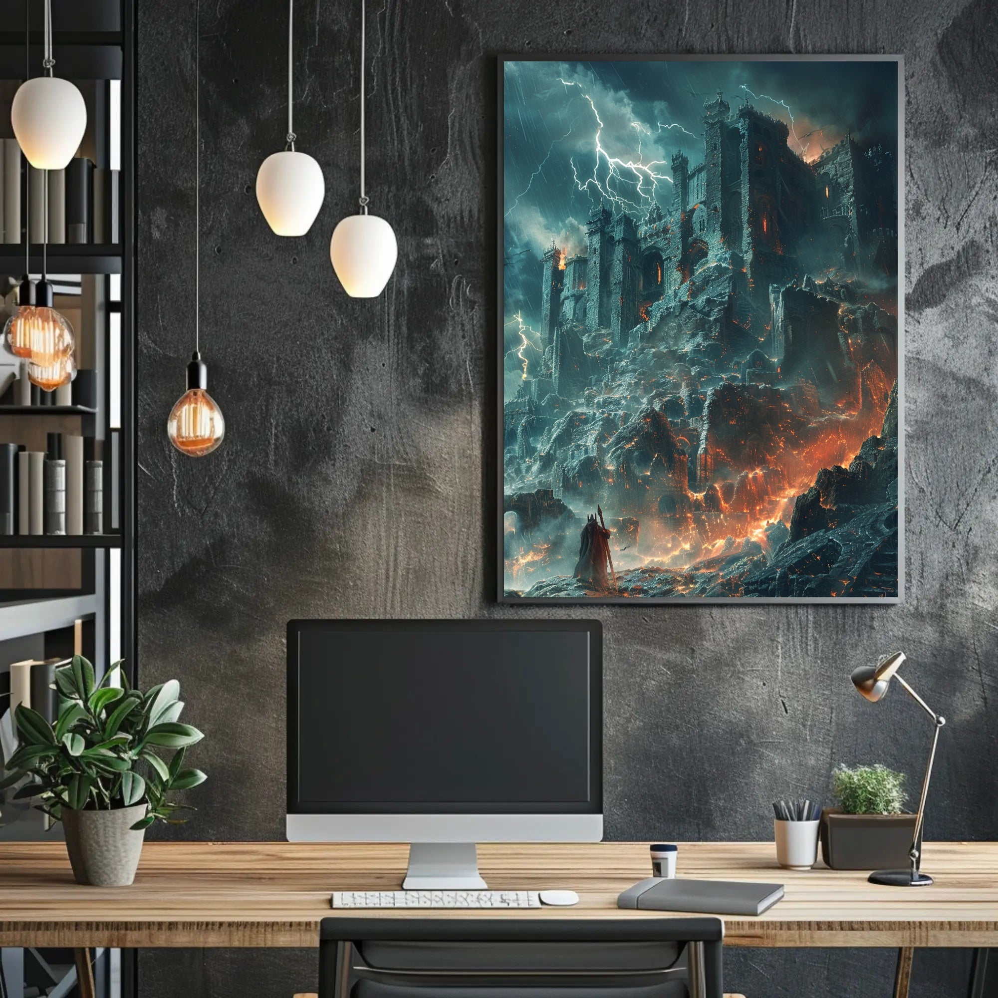 Dark Fortress in Fiery Storm - Fantasy or Mythology Poster PosterGoat